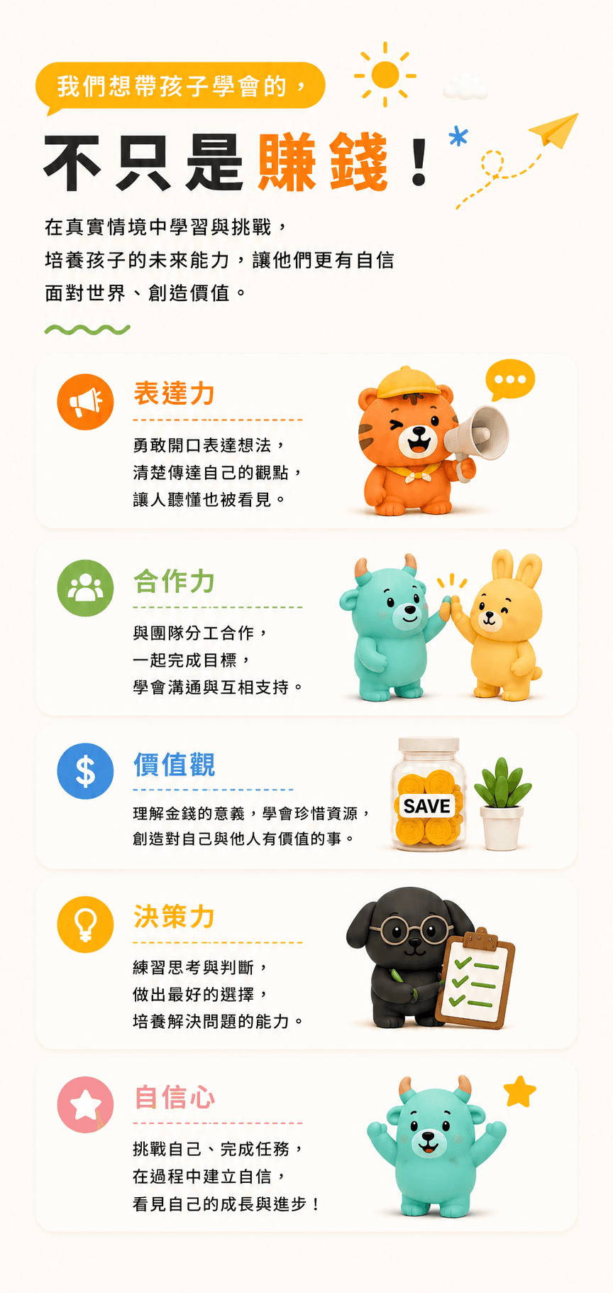 天天華語與裕隆城財商活動內容說明,透過角色任務讓孩子練習需要與想要、風險判斷與金錢流動概念。