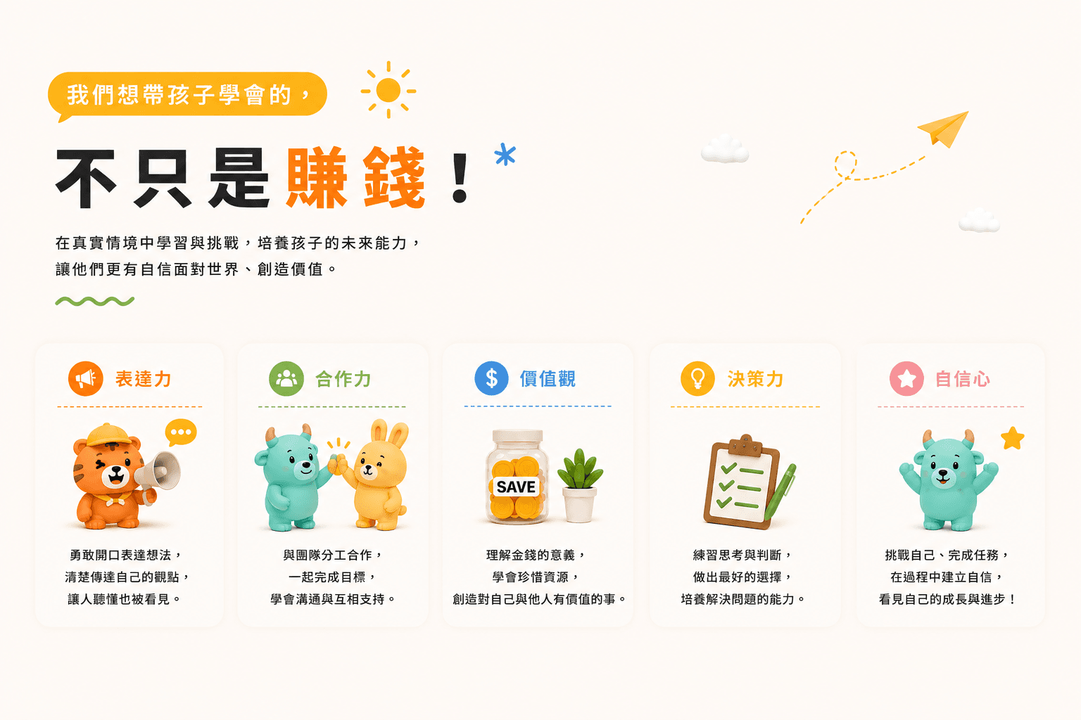 天天華語與裕隆城財商活動內容說明,透過角色任務讓孩子練習需要與想要、風險判斷與金錢流動概念。